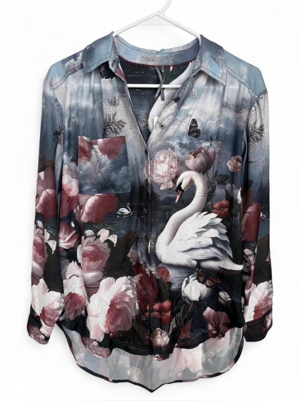 NWT Anthropologie Silky Swan Floral Button-Up Blouse‎ Artistic Botanical XXS